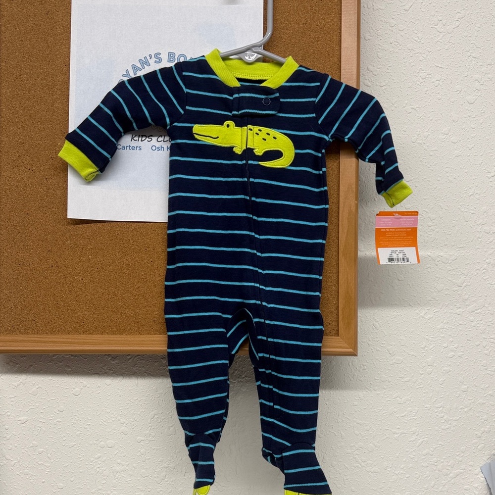 Navy and Lime Striped Kids Footie with Alligator Design